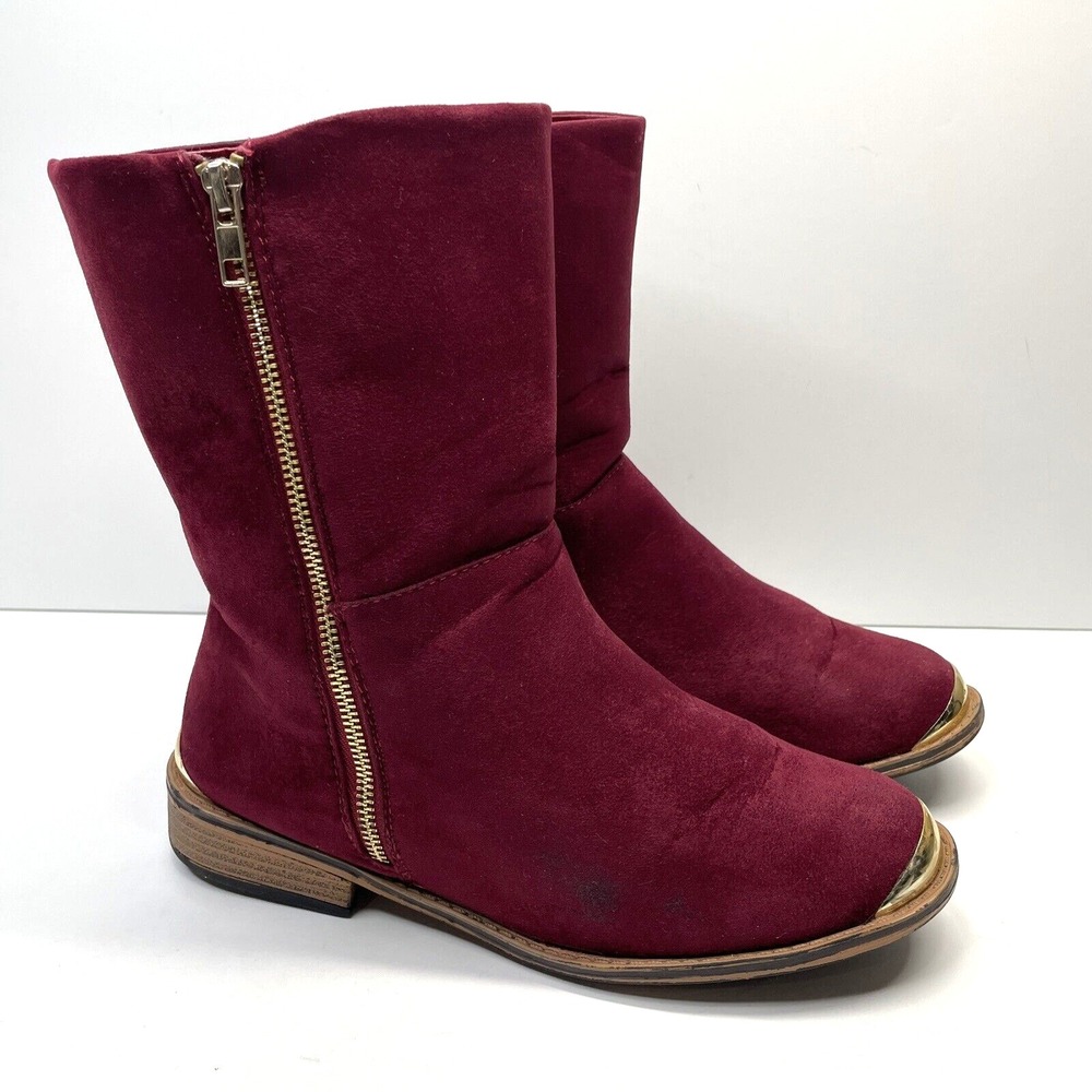 Bamboo Red Faux Leather Mid Calf Womens Boots Size 8.5 W/ Gold Accent On Toe